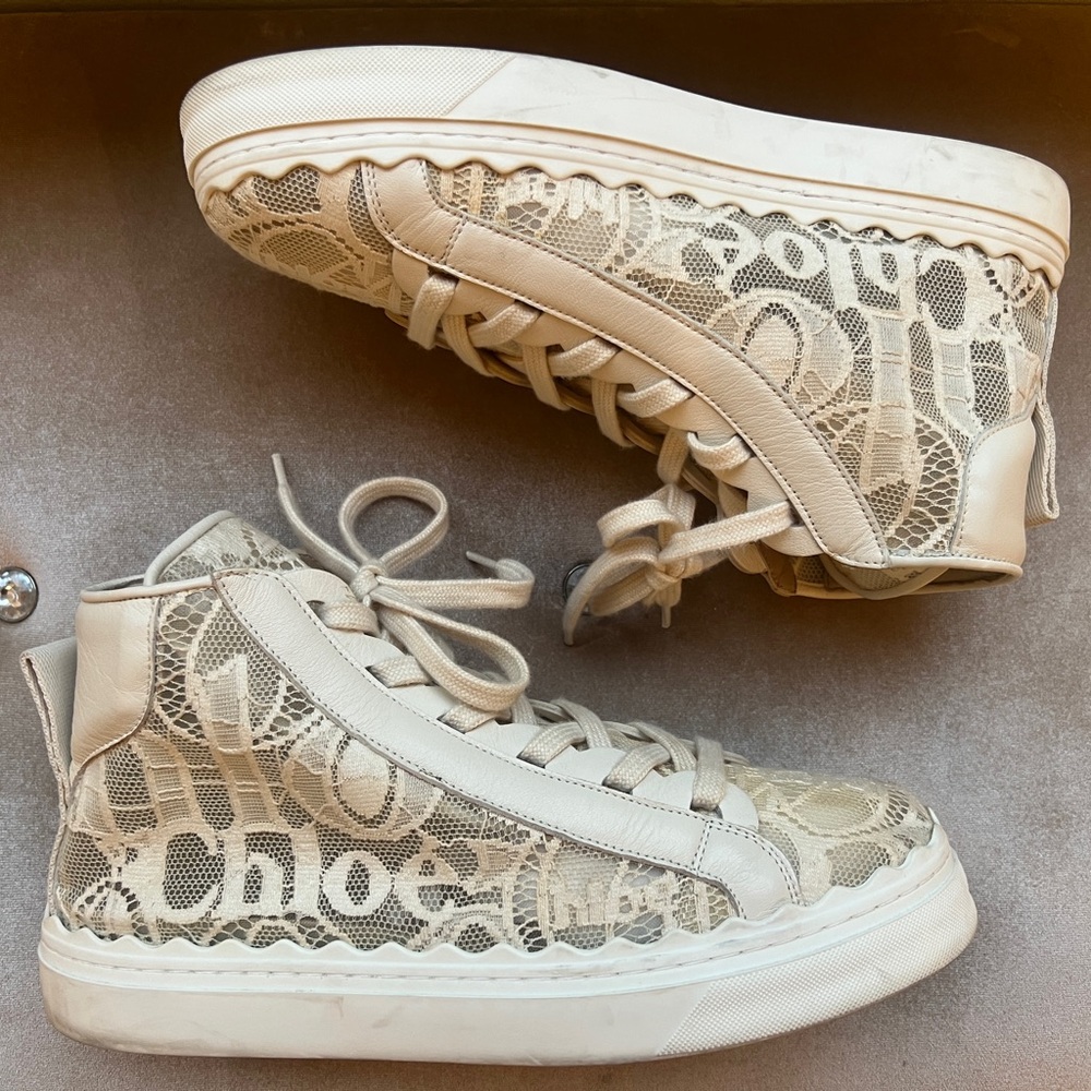 CHLOÉ Lauren Logo Lace Mid Top Sneakers {42}